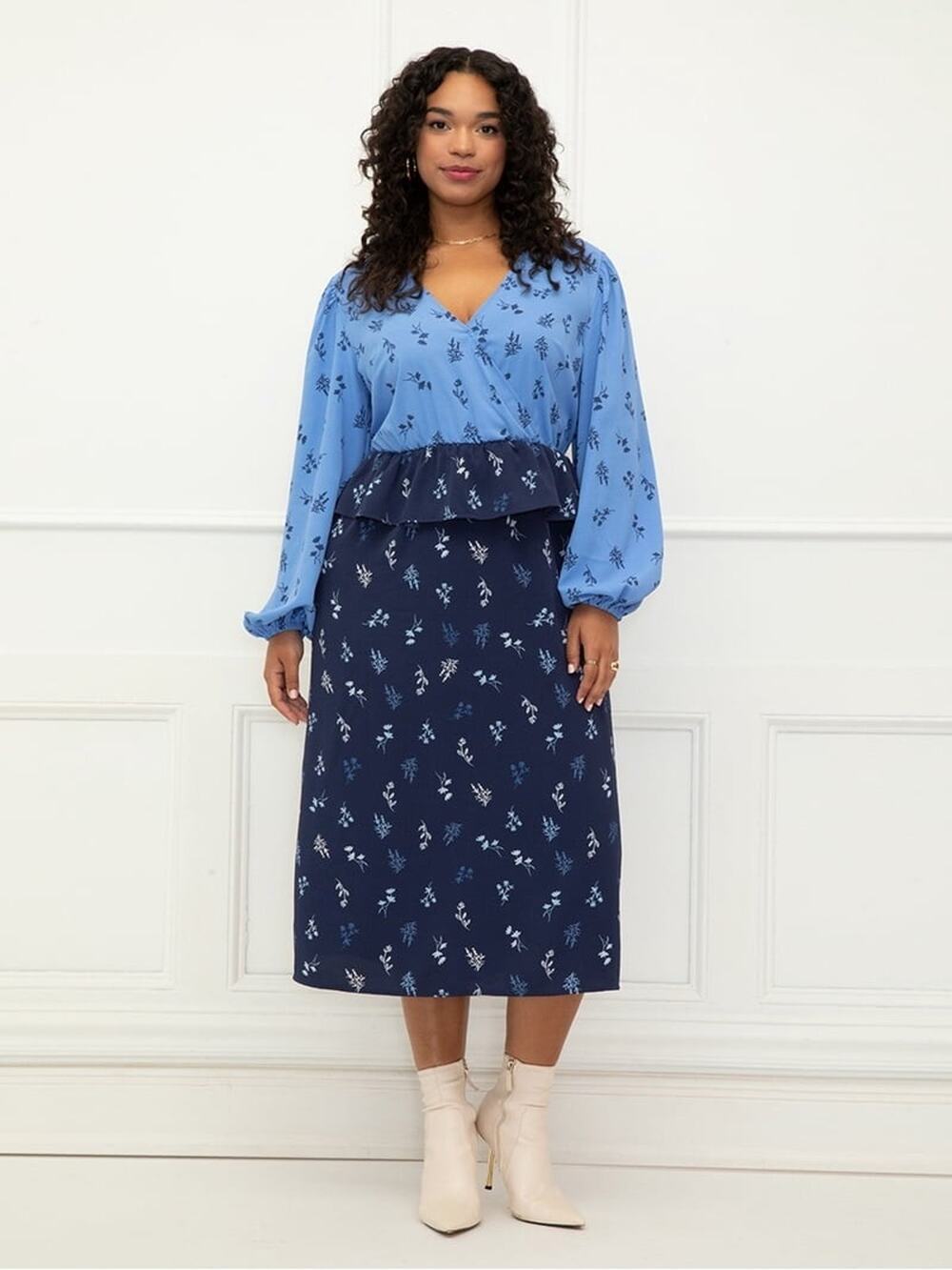Eloquii Woman Maxi Dress Blue Floral Ruffle Peplum Waist Long Sleeve, Sz 16